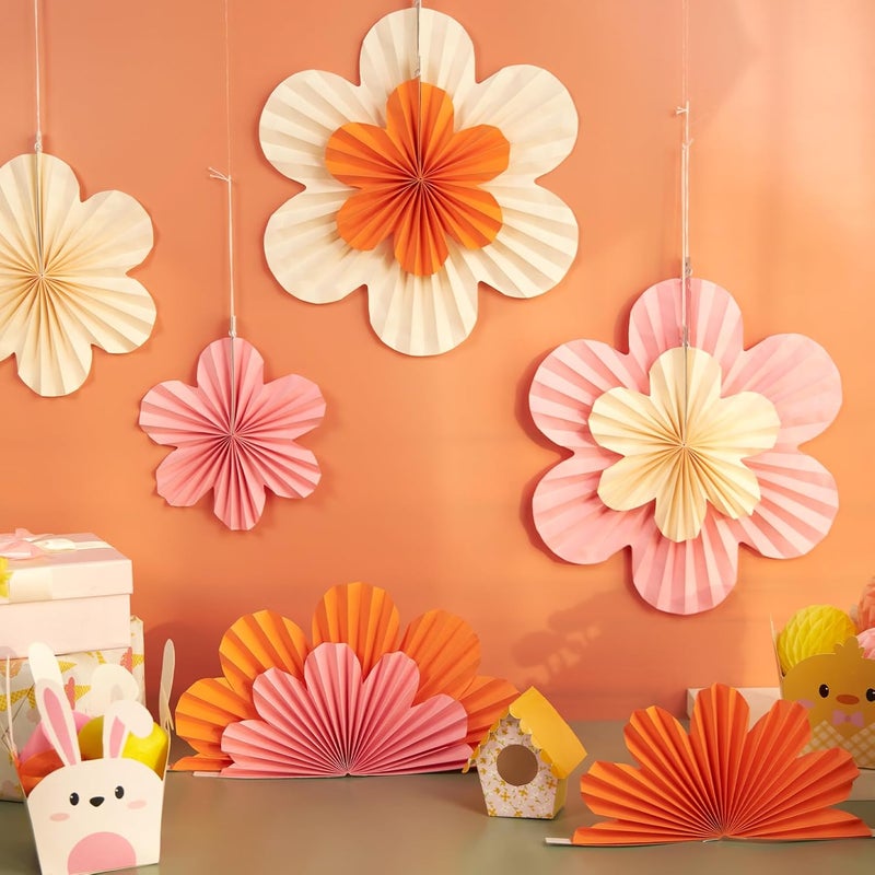 paper jazz Spring Paper Flowers Decoration Summer Orange Birthday Party Decoration Orange Pink Groovy Paper Fans Classroom for Wall Hanging Decor for Office Baby Shower Bulletin Board. - Image 4
